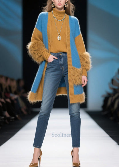 Modern Colorblock Oversized Patchwork Faux Fur Knit Cardigans Winter