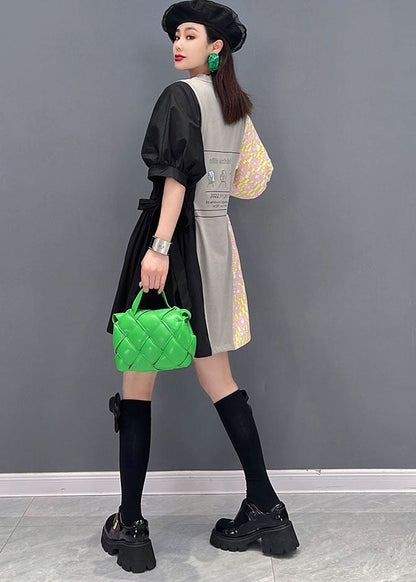Modern Colorblock V Neck Patchwork Smile Print Cotton Holiday Dress Short Sleeve