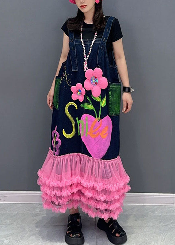 Modern Dark Blue Patchwork Pink Tulle Patchwork Maxi Dresses Sleeveless