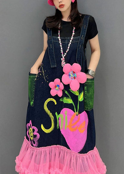 Modern Dark Blue Patchwork Pink Tulle Patchwork Maxi Dresses Sleeveless