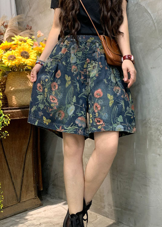 Modern Dark Blue Print Denim Shorts Summer