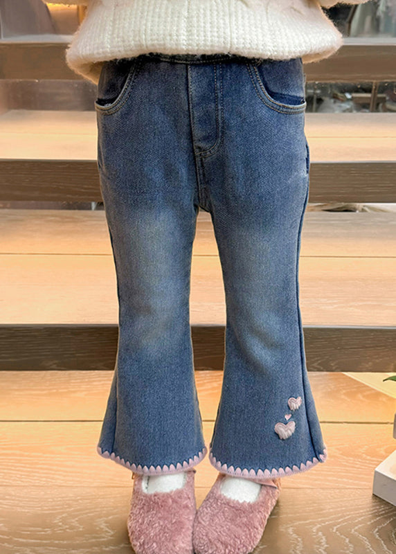 Modern Denim Blue Love Pockets Warm Fleece Crop Flared Pants Spring