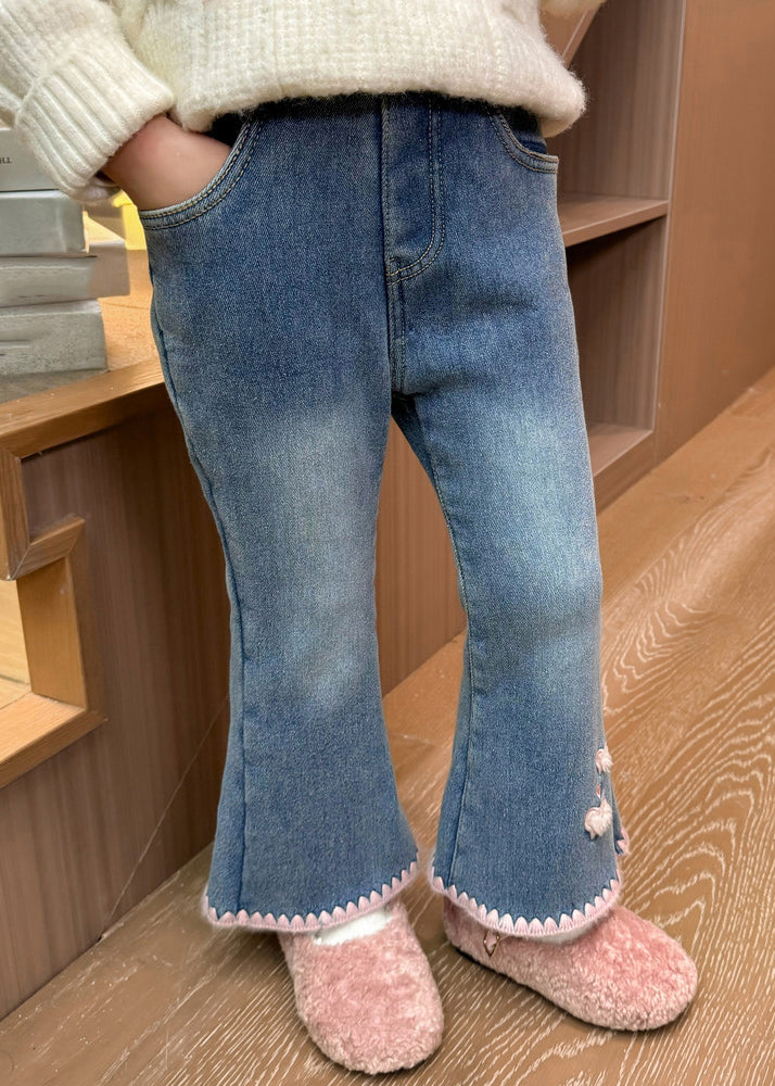 Modern Denim Blue Love Pockets Warm Fleece Crop Flared Pants Spring