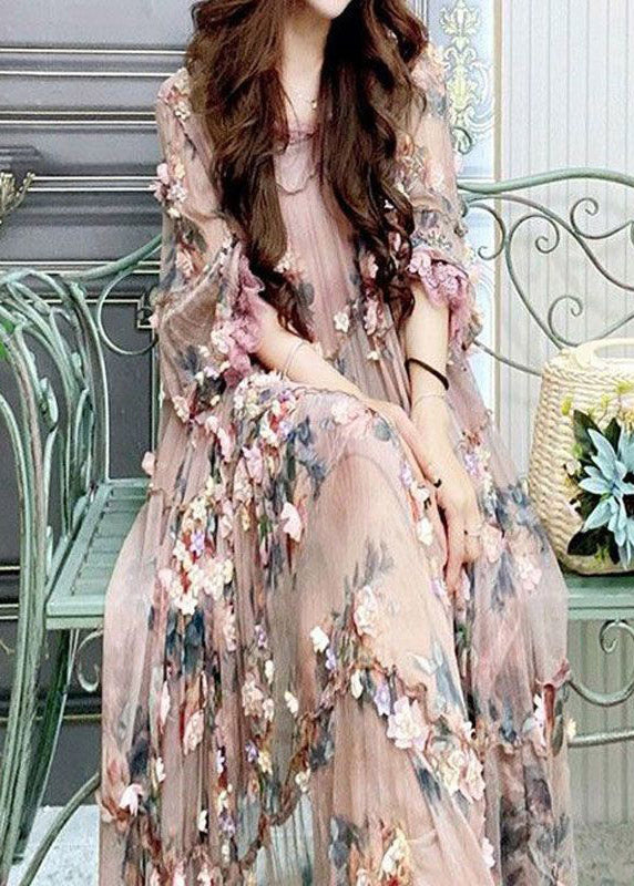 Modern Embroidered Ruffled Tulle Long Dress Lantern Sleeve