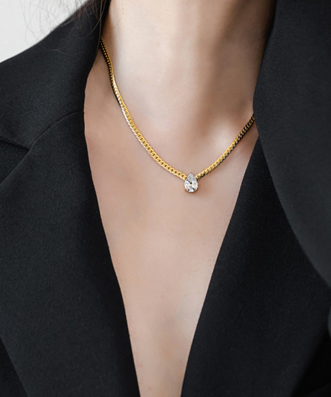 Modern Gold Copper Overgild 14k Gold Zircon Water Drop Pendant Necklace Yi039