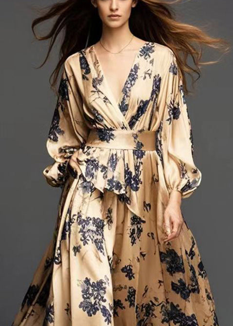 Modern Golden Cinched Print Silk Dress Spring