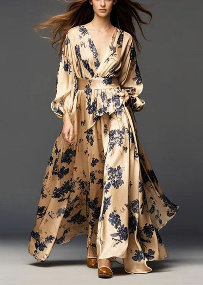 Modern Golden Cinched Print Silk Dress Spring