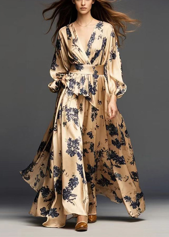 Modern Golden Cinched Print Silk Dress Spring
