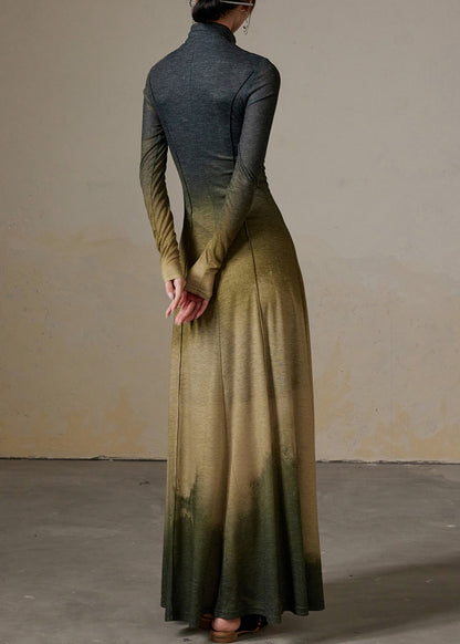 Modern Gradient Color Hign Neck Slim Fit Cotton Dress Spring