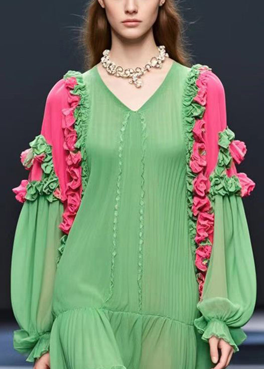 Modern Grass Green Ruffled Chiffon Tea Dresses Fall