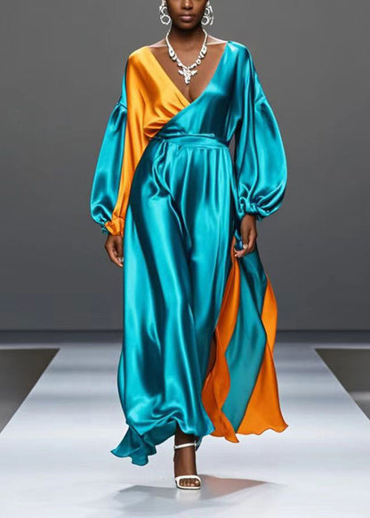 Modern Green Asymmetrical Patchwork Draping Silk Party Dress Spring