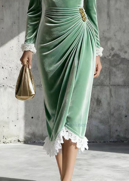 Modern Green Lace Patchwork Wrinkled Silk Velvet Dress Spring