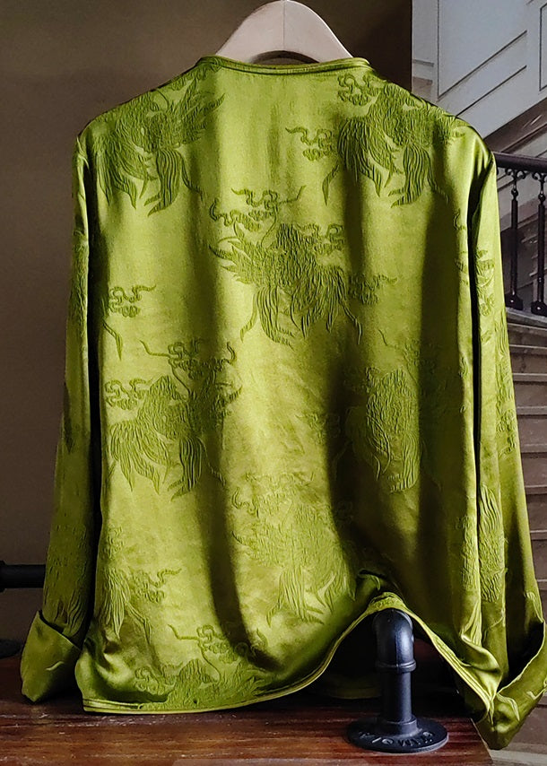 Modern Green O-neck Jacquard Patchwork Silk Tops Spring
