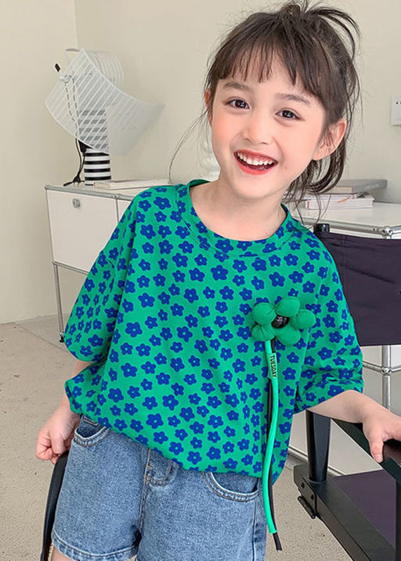 Modern Green O-neck Print T Shirt Short Sleeve