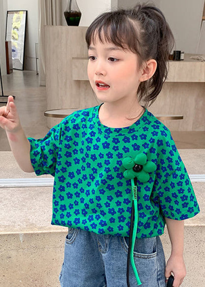 Modern Green O-neck Print T Shirt Short Sleeve