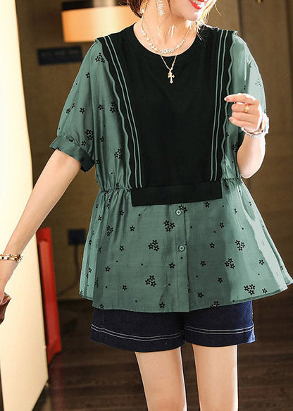 Modern Green O-neck Print Patchwork Wrinkled Button Shirts Short Sleeve