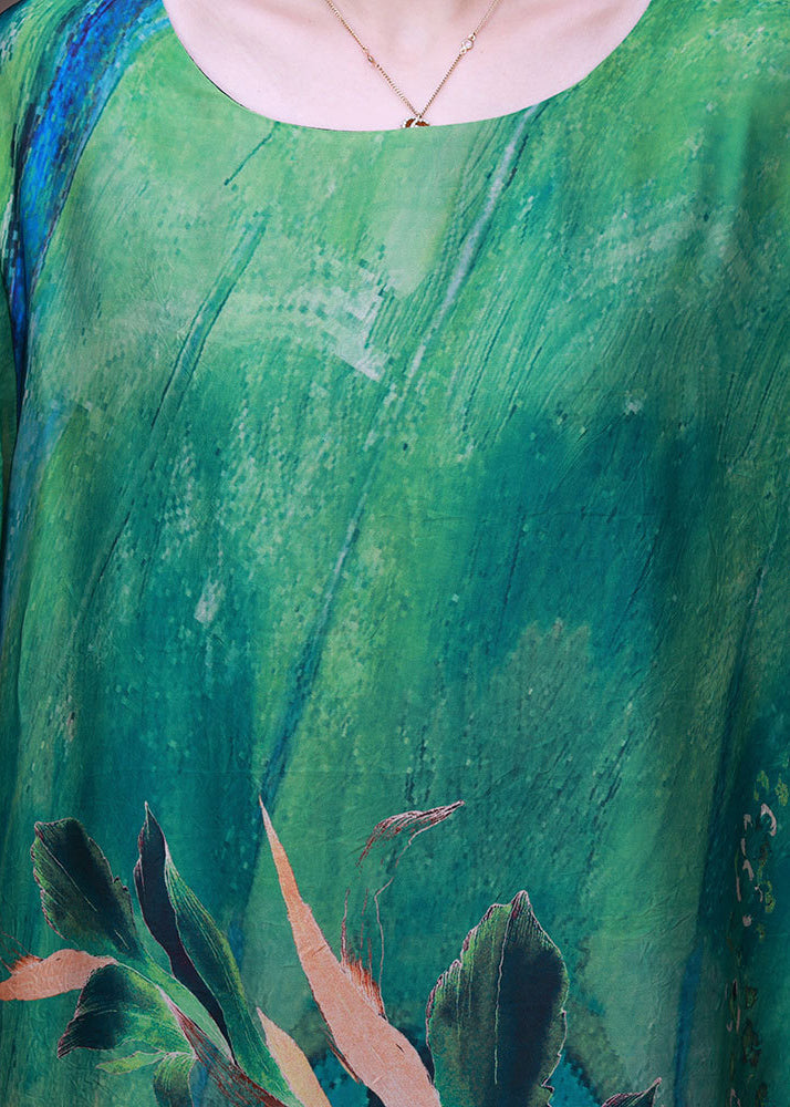 Modern Green O-neck Print Silk Loose Long Dresses Bracelet Sleeve