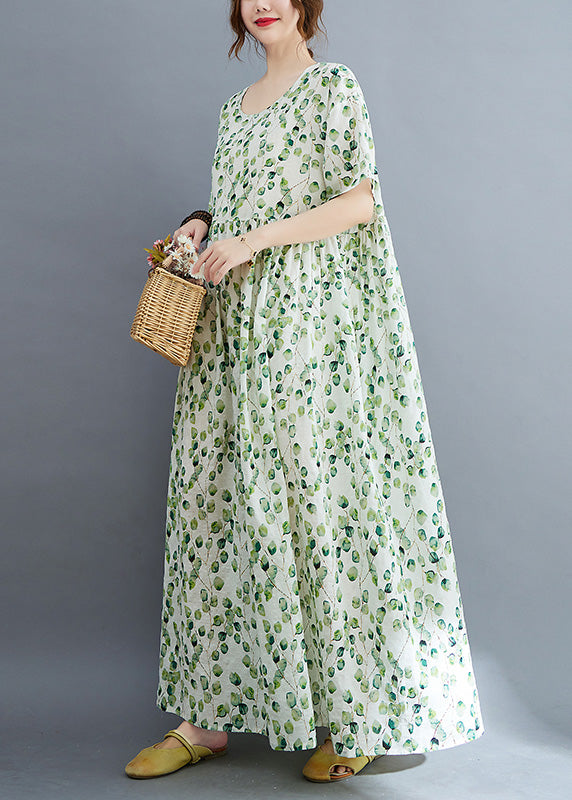 Modern Green O-neck Print Wrinkled Holiday Maxi Dress Summer