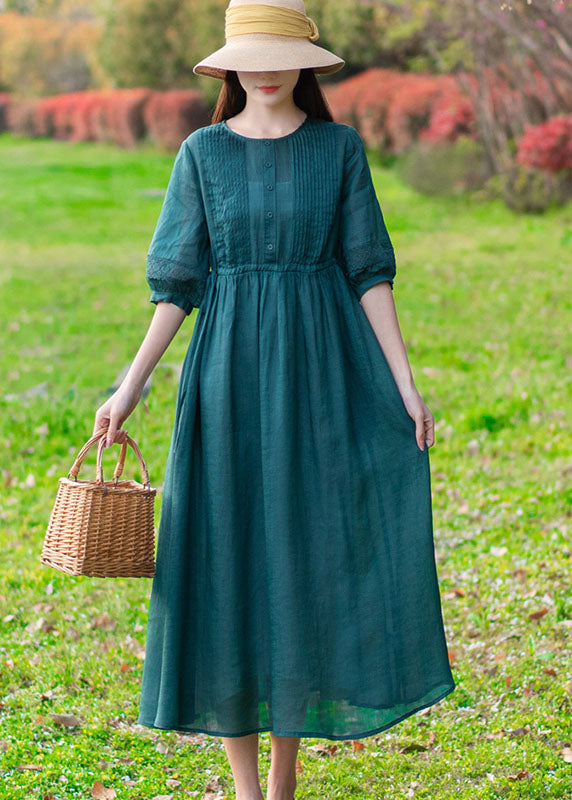 Modern Green O-neck Wrinkled Button Color Linen Cinch Dress Half Sleeve
