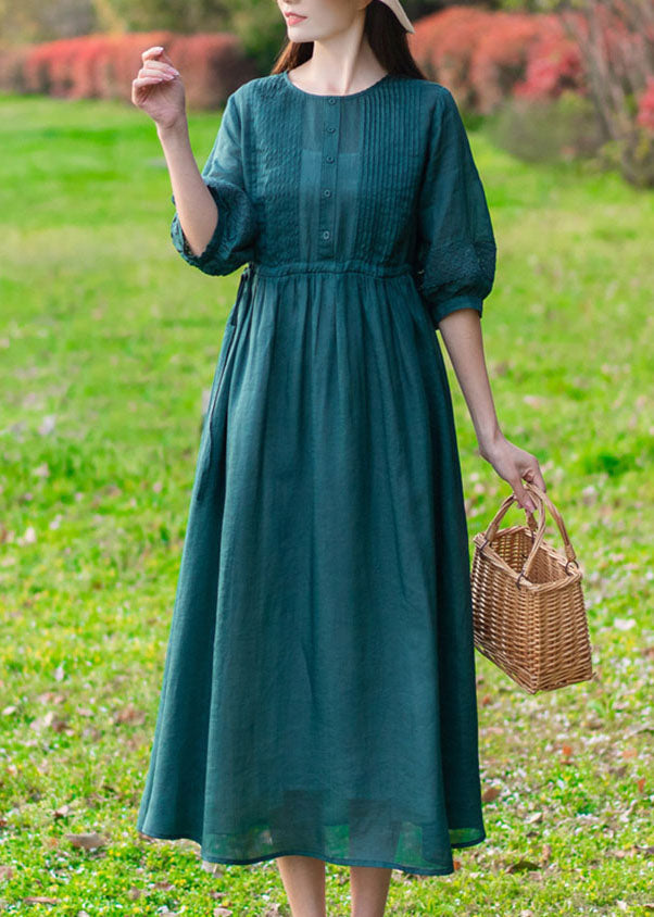 Modern Green O-neck Wrinkled Button Color Linen Cinch Dress Half Sleeve