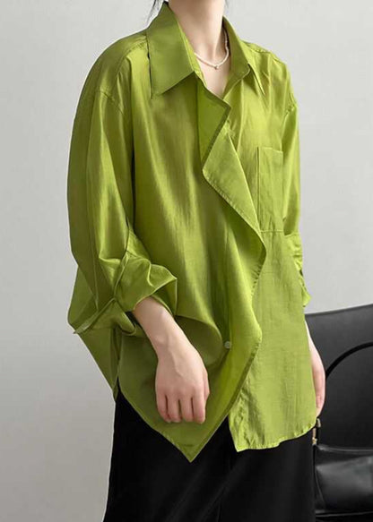 Modern Green Peter Pan Collar Patchwork Button Solid Shirts Spring
