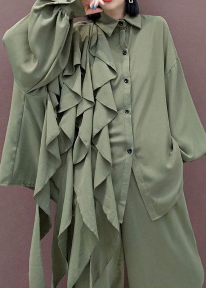 Modern Green Peter Pan Collar asymmetrical design Two Piece Set Spring
