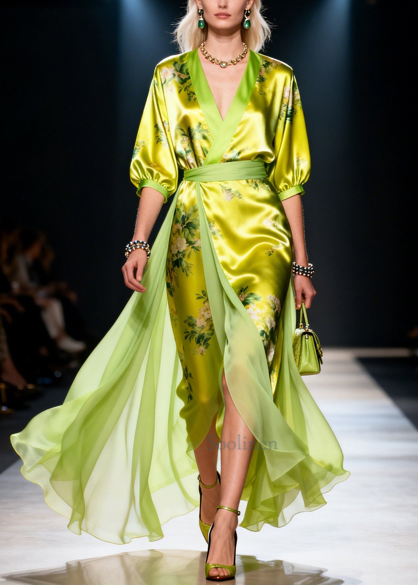 Modern Green Print Patchwork Exra Large Hem Silk Dress Summer