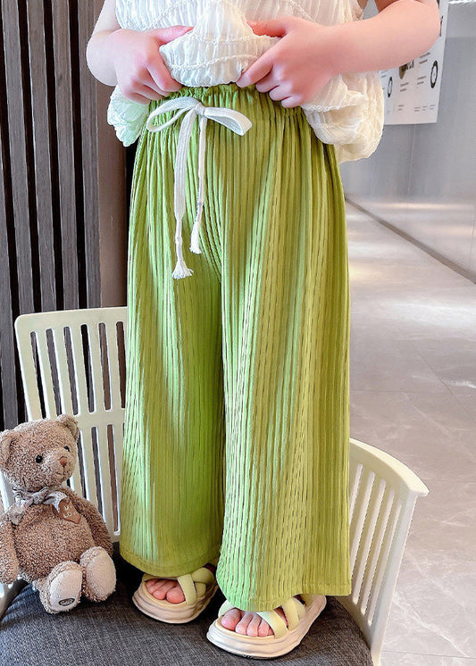 Modern Green Striped Patchwork Tie Waist Ice Silk Pants