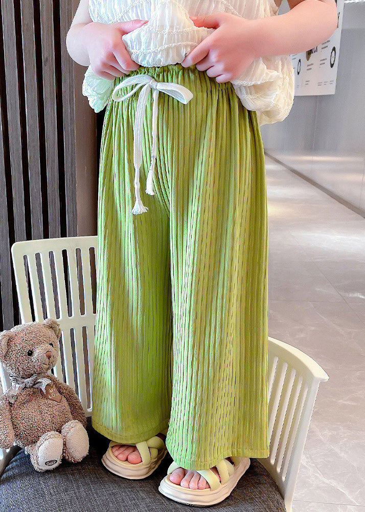 Modern Green Striped Patchwork Tie Waist Ice Silk Pants