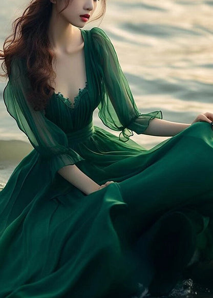 Modern Green V Neck Exra Large Hem Chiffon Maxi Dress Spring