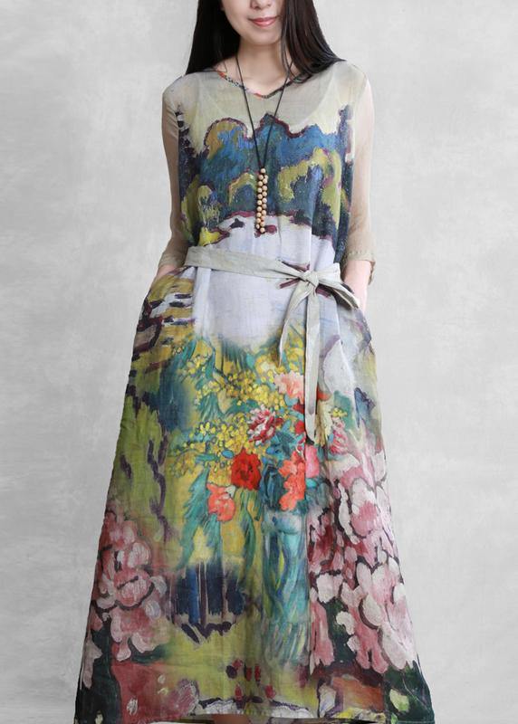 Modern Green Art Print Clothes for V Neck Tie Waist Long Summer Dresses