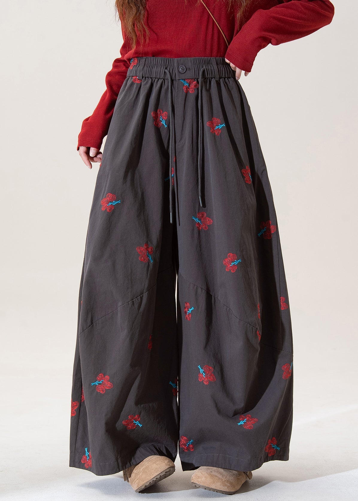 Modern Grey Embroidered Pockets Cotton Wide Leg Pants Spring