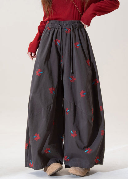 Modern Grey Embroidered Pockets Cotton Wide Leg Pants Spring