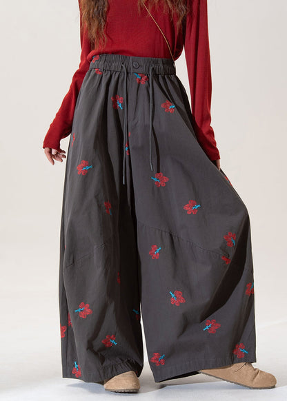 Modern Grey Embroidered Pockets Cotton Wide Leg Pants Spring