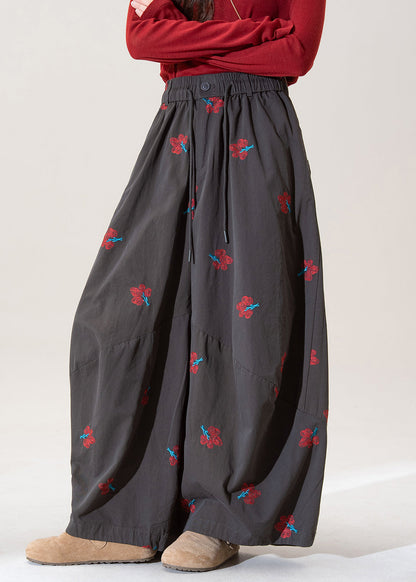 Modern Grey Embroidered Pockets Cotton Wide Leg Pants Spring