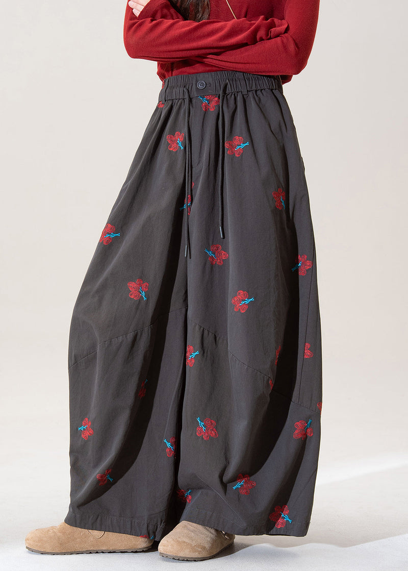 Modern Grey Embroidered Pockets Cotton Wide Leg Pants Spring