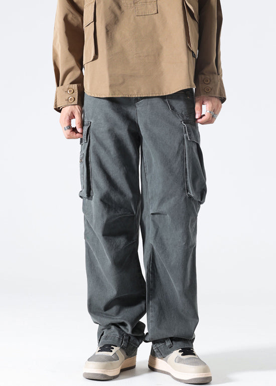 Modern Grey Pockets High Waist Cotton Pants Spring