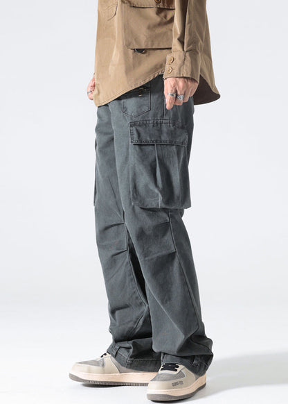 Modern Grey Pockets High Waist Cotton Pants Spring