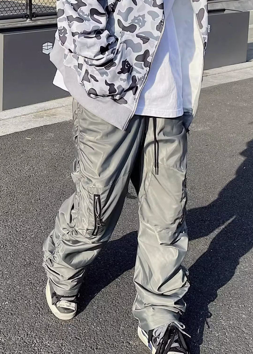 Modern Grey Zip Up Wrinkled Elastic Waist Cotton Pants Spring