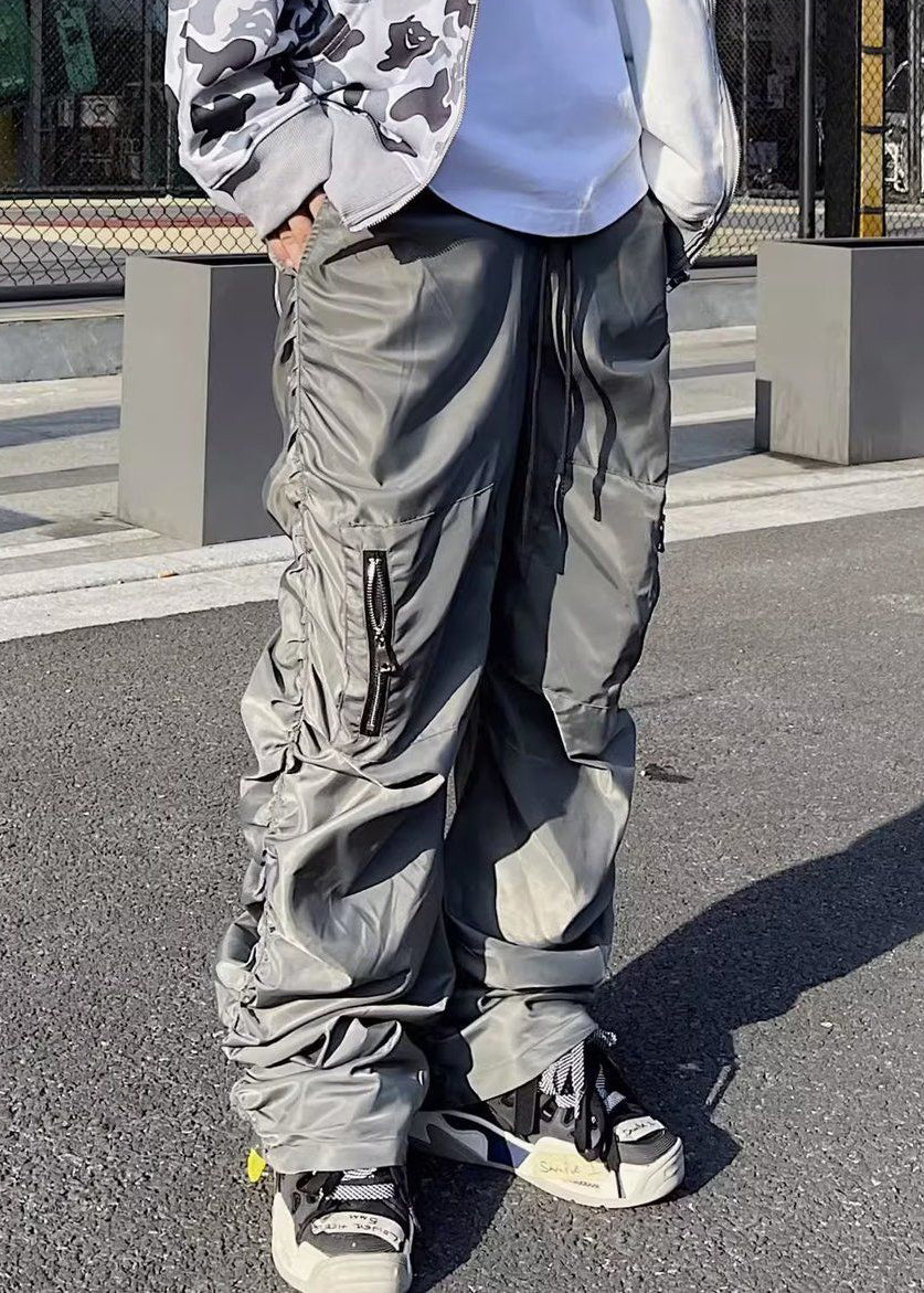 Modern Grey Zip Up Wrinkled Elastic Waist Cotton Pants Spring