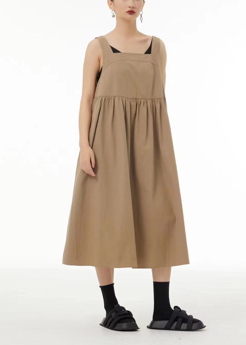 Modern Khaki Backless Patchwork Cotton a Line Dress Sleeveless