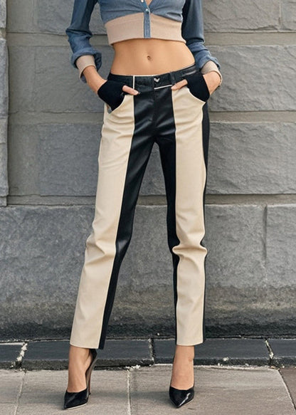 Modern Khaki Black Patchwork Pockets Faux Leather Pants Spring
