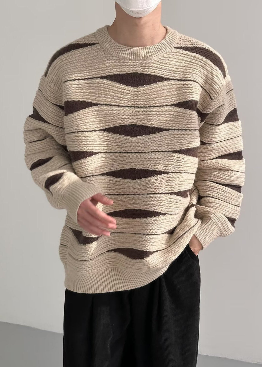 Modern Khaki O Neck Cozy Patchwork Knit Sweaters Winter