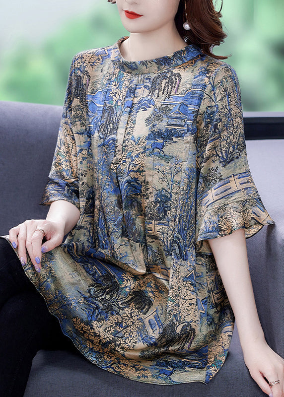 Modern Khaki O-neck Oversized Print Silk Top Flare Sleeve