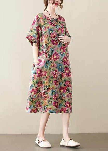 Modern Khaki O-neck Print Cotton Long Dress Summer
