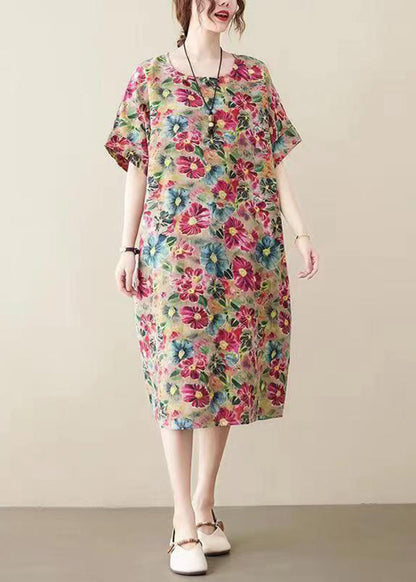 Modern Khaki O-neck Print Cotton Long Dress Summer