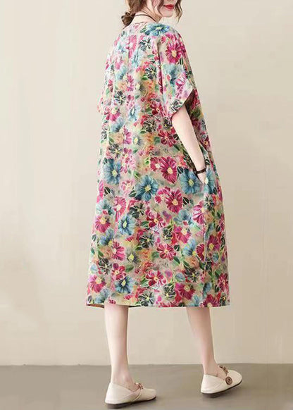 Modern Khaki O-neck Print Cotton Long Dress Summer