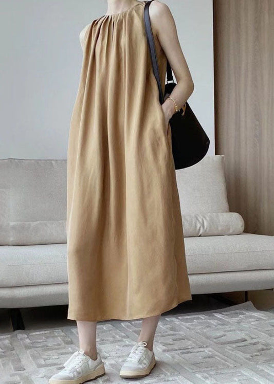Modern Khaki O-neck Wrinkled Cotton a Line Holiday Dress Sleeveless