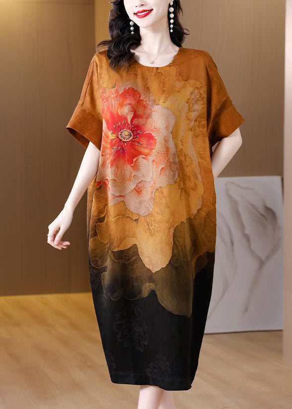 Modern Khaki Oversized Print Silk Dress Summer