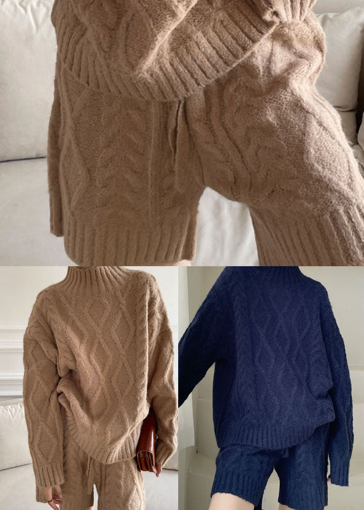 Modern Khaki Turtle Neck Cable Knit Two Pieces Set Winter